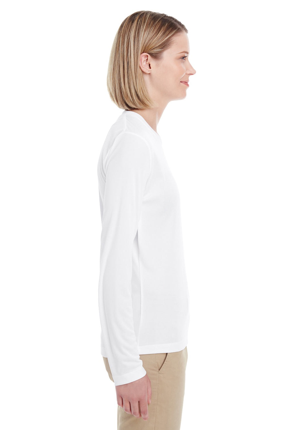 UltraClub 8622W Womens Cool & Dry Performance Moisture Wicking Long Sleeve Crewneck T-Shirt White Side