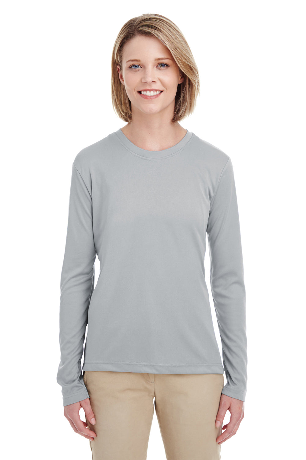UltraClub 8622W Womens Cool & Dry Performance Moisture Wicking Long Sleeve Crewneck T-Shirt Grey Front