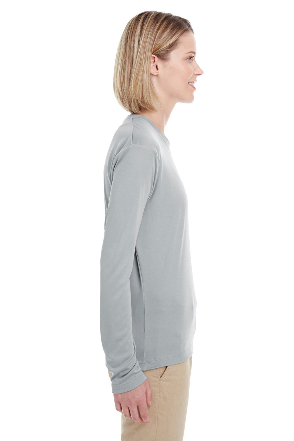 UltraClub 8622W Womens Cool & Dry Performance Moisture Wicking Long Sleeve Crewneck T-Shirt Grey Side
