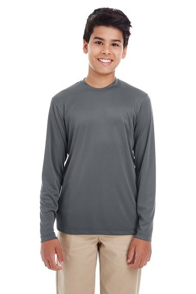 UltraClub 8622Y Youth Cool & Dry Performance Moisture Wicking Long Sleeve Crewneck T-Shirt Charcoal Grey Front