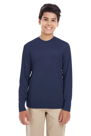 UltraClub 8622Y Youth Cool & Dry Performance Moisture Wicking Long Sleeve Crewneck T-Shirt Navy Blue Front