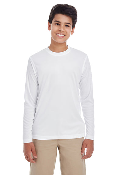 UltraClub 8622Y Youth Cool & Dry Performance Moisture Wicking Long Sleeve Crewneck T-Shirt White Front