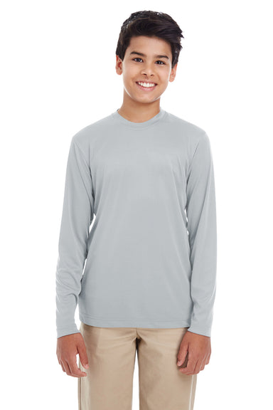 UltraClub 8622Y Youth Cool & Dry Performance Moisture Wicking Long Sleeve Crewneck T-Shirt Grey Front