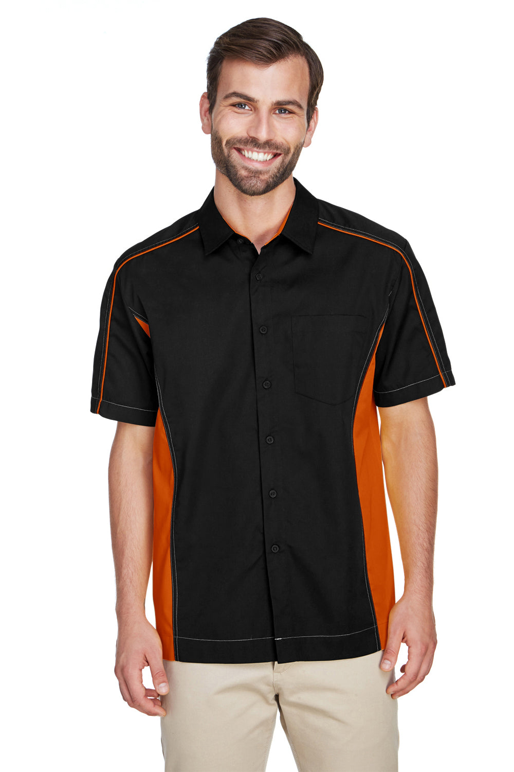 North End 87042 Mens Fuse Short Sleeve Button Down Shirt w/ Pocket Black/Orange Front