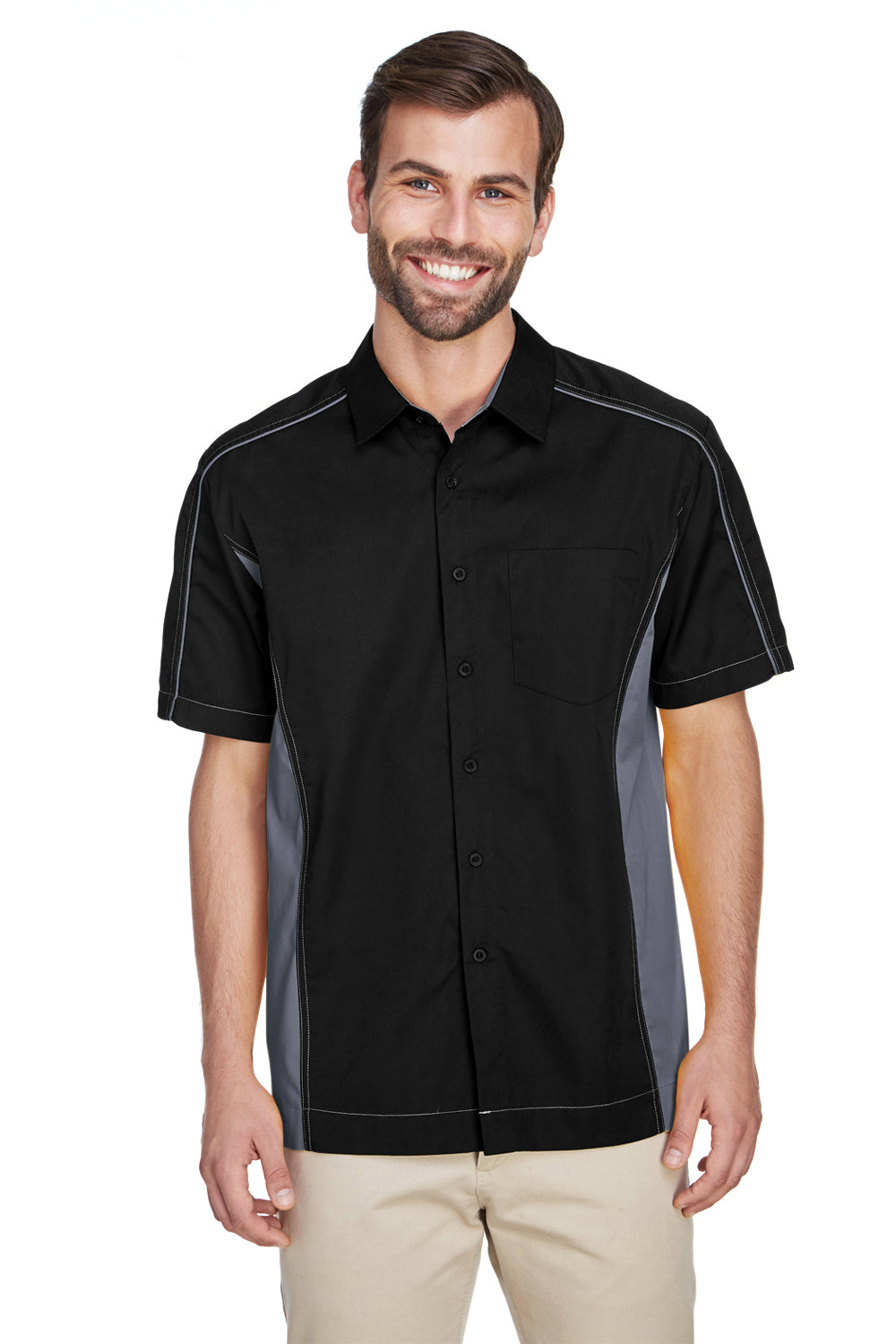 North End 87042 Mens Fuse Short Sleeve Button Down Shirt w/ Pocket Black/Grey Front