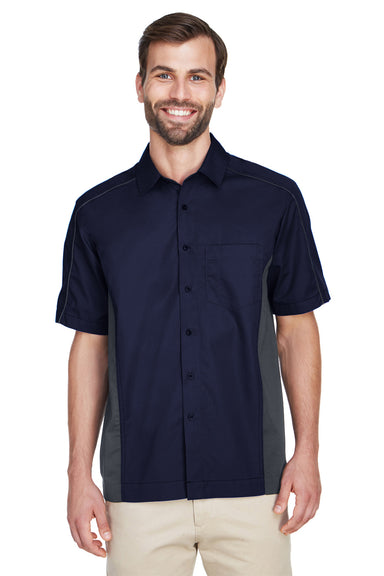 North End 87042 Mens Fuse Short Sleeve Button Down Shirt w/ Pocket Navy Blue/Grey Front