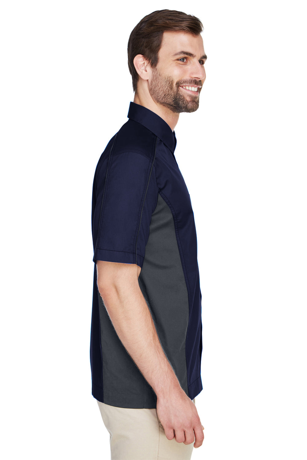 North End 87042 Mens Fuse Short Sleeve Button Down Shirt w/ Pocket Navy Blue/Grey Side