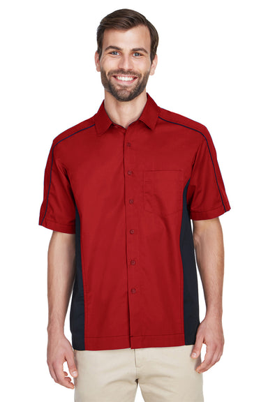 North End 87042 Mens Fuse Short Sleeve Button Down Shirt w/ Pocket Red/Black Front