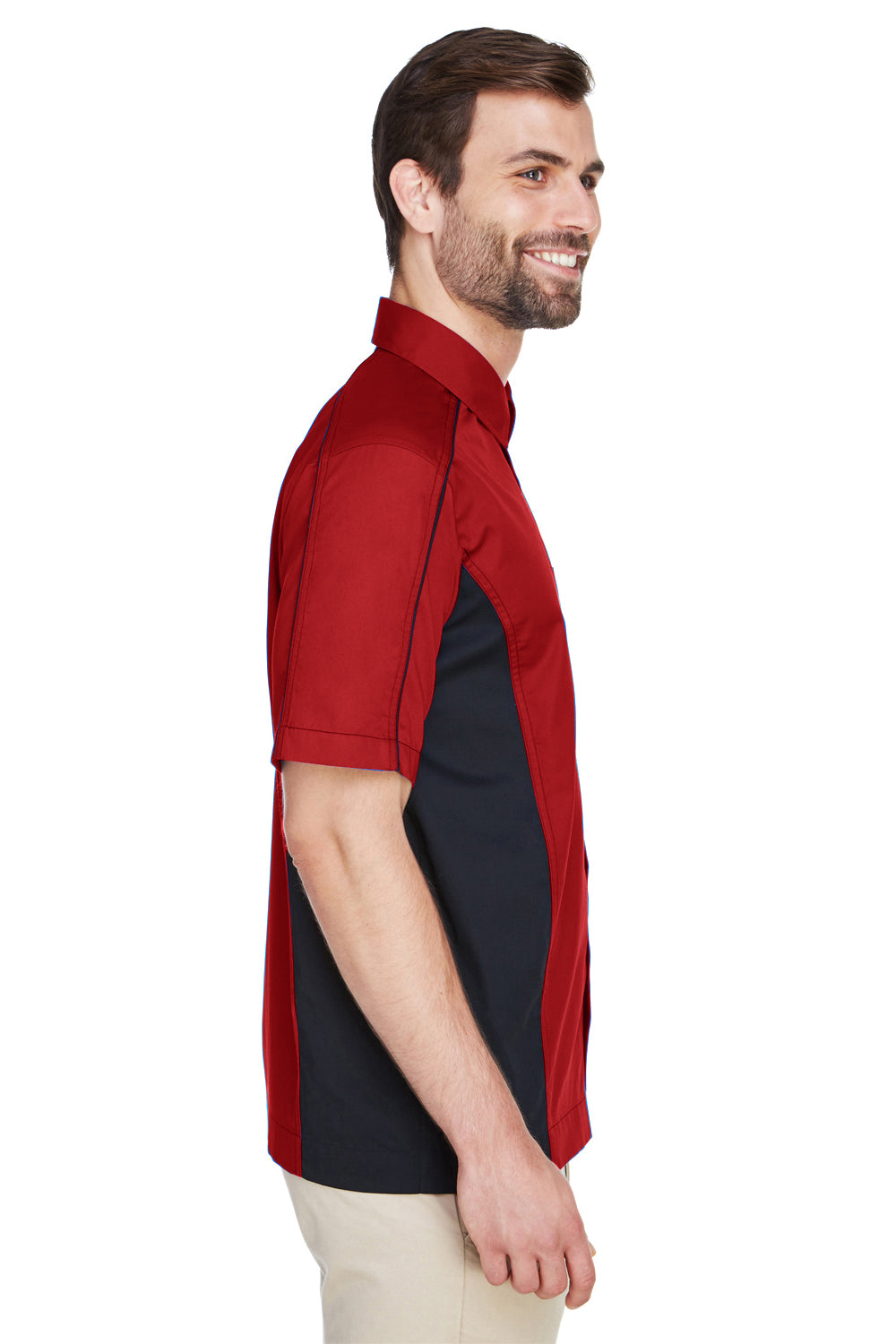 North End 87042 Mens Fuse Short Sleeve Button Down Shirt w/ Pocket Red/Black Side