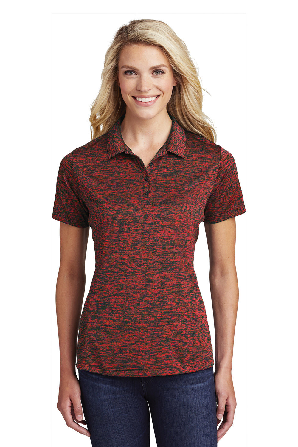 Sport-Tek LST590 Womens Electric Heather Moisture Wicking Short Sleeve Polo Shirt Deep Red/Black Electric Front