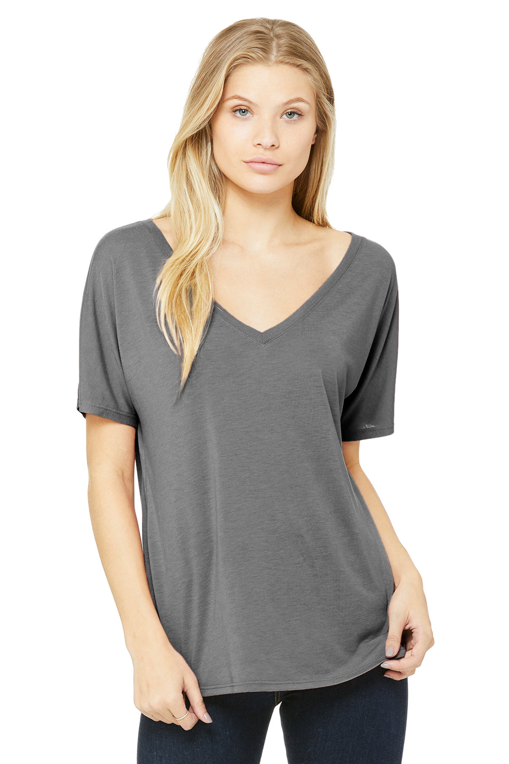 Bella + Canvas 8815 Womens Slouchy Short Sleeve V-Neck T-Shirt Grey Triblend Front