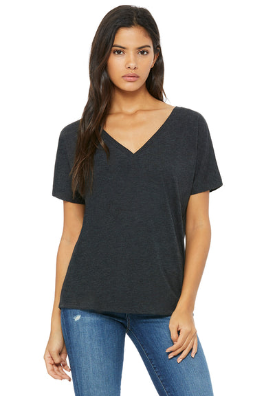 Bella + Canvas 8815 Womens Slouchy Short Sleeve V-Neck T-Shirt Charcoal Black Triblend Front