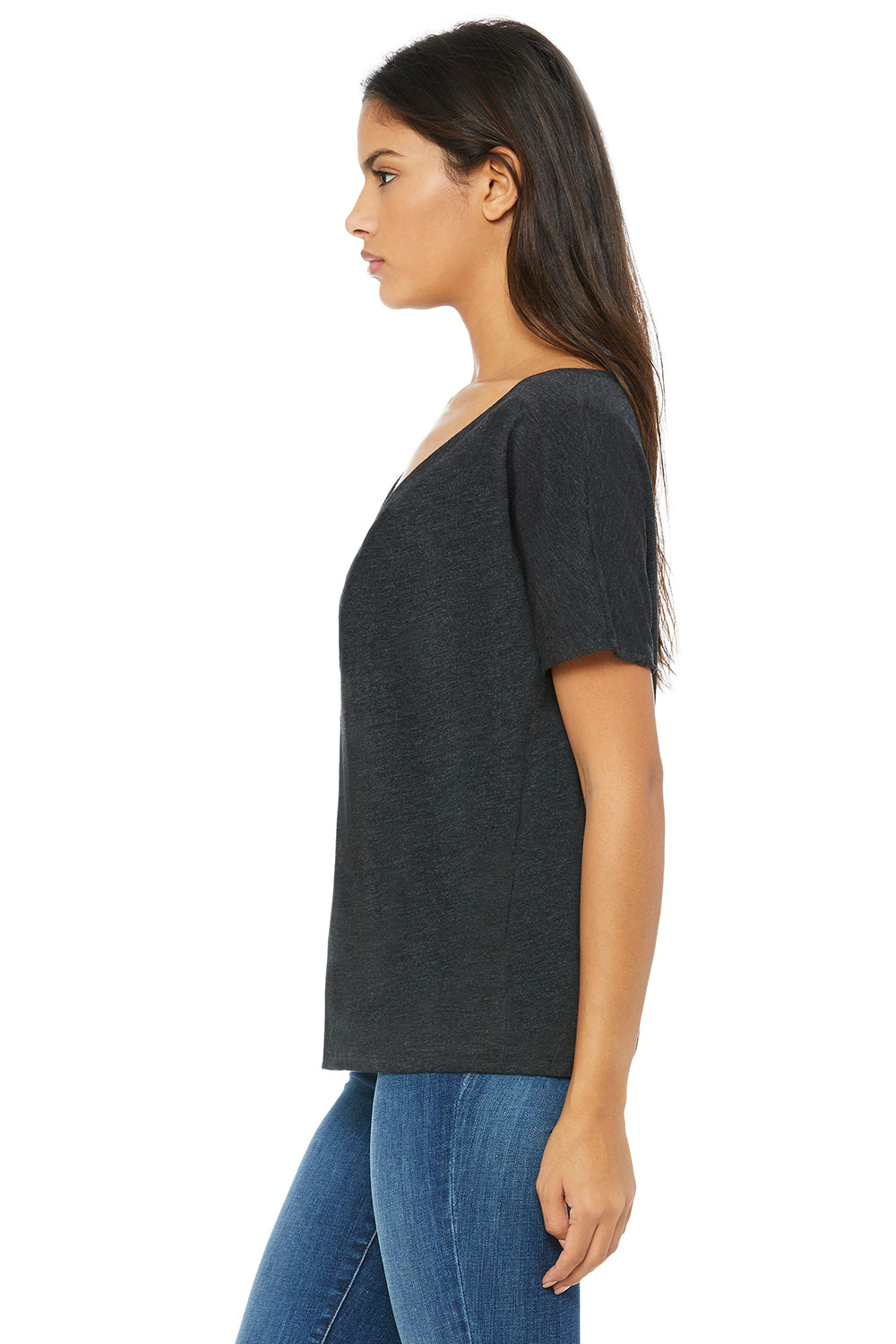 Bella + Canvas 8815 Womens Slouchy Short Sleeve V-Neck T-Shirt Charcoal Black Triblend Side