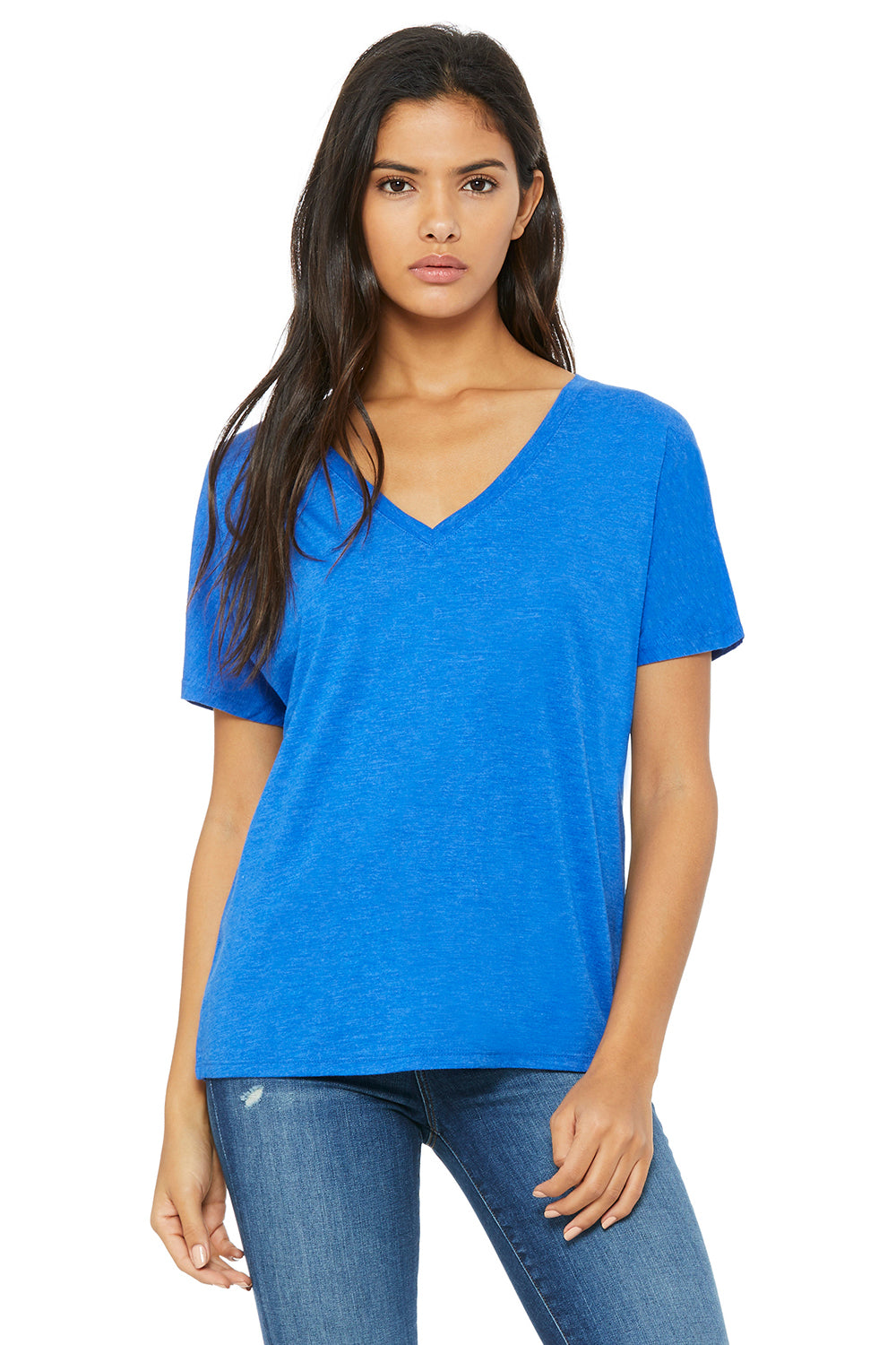 Bella + Canvas 8815 Womens Slouchy Short Sleeve V-Neck T-Shirt Royal Blue Triblend Front
