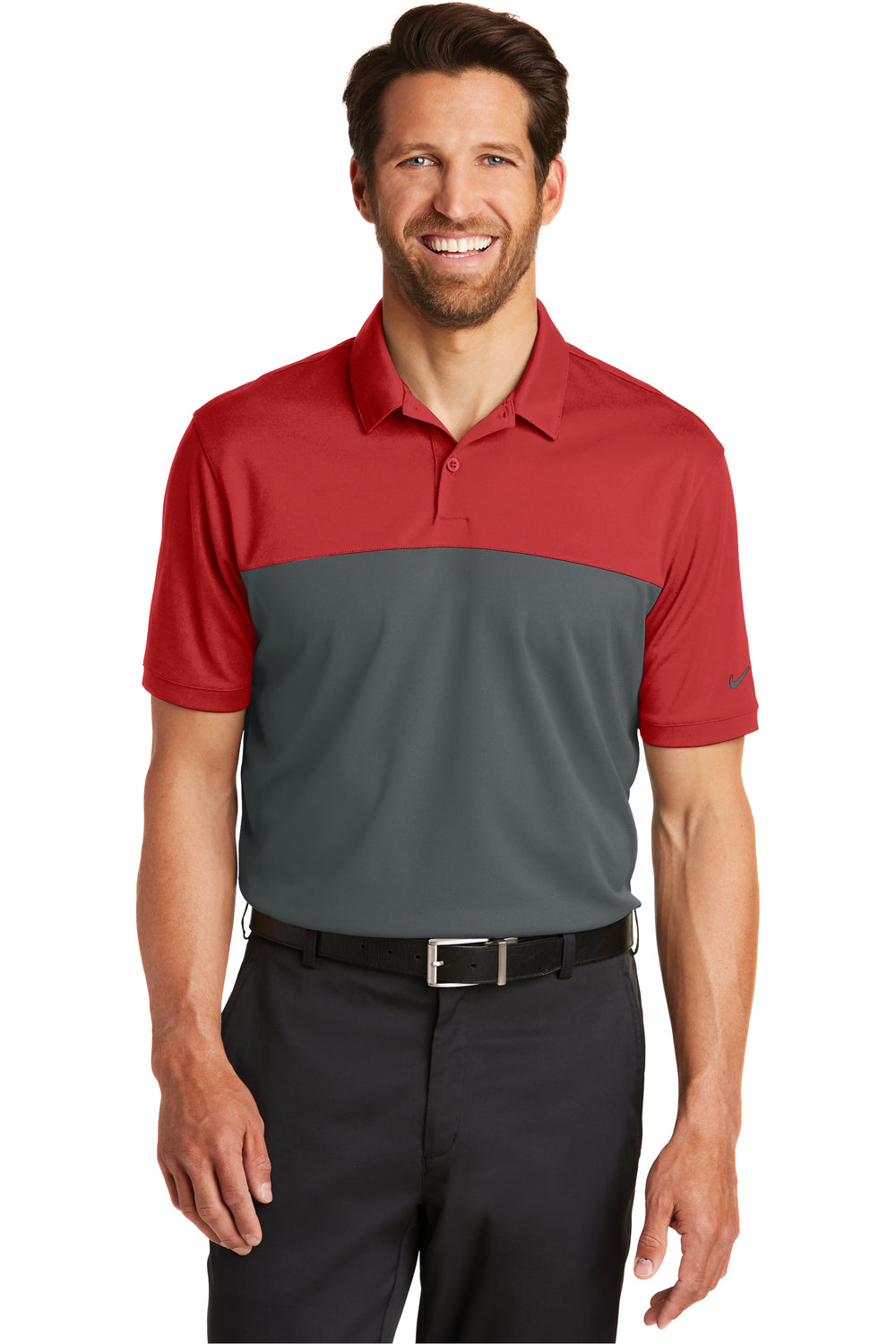Nike 881655 Mens Dri-Fit Moisture Wicking Short Sleeve Polo Shirt Red/Anthracite Grey Front