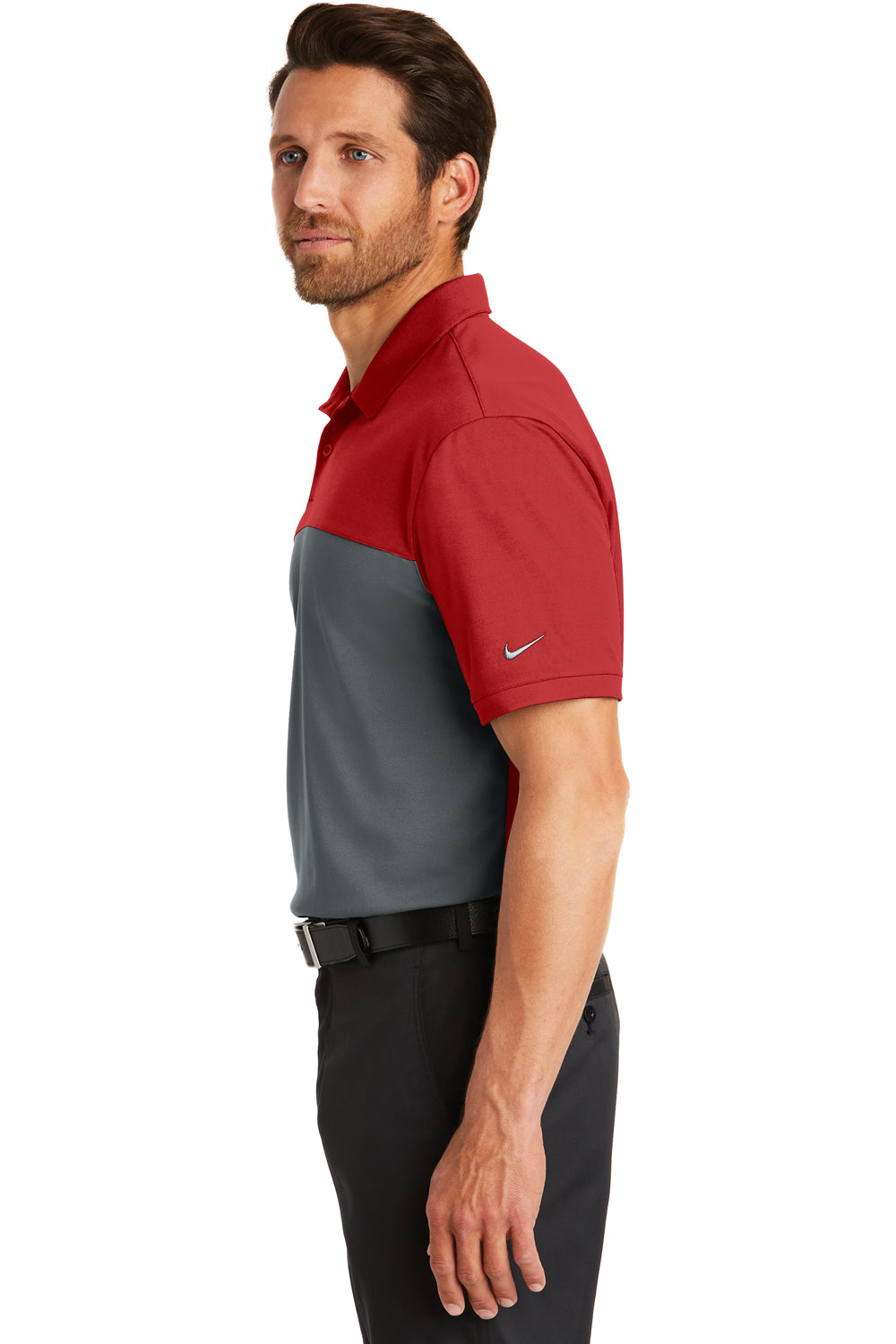 Nike 881655 Mens Dri-Fit Moisture Wicking Short Sleeve Polo Shirt Red/Anthracite Grey Side