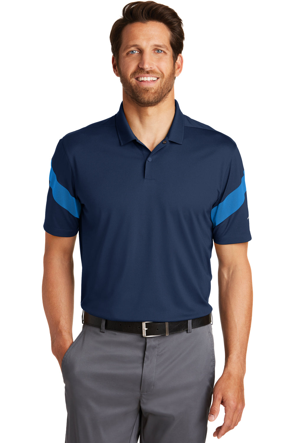 Nike 881657 Mens Commander Dri-Fit Moisture Wicking Short Sleeve Polo Shirt Navy Blue/Photo Blue Front