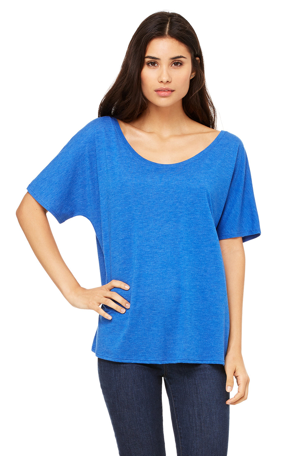 Bella + Canvas 8816 Womens Slouchy Short Sleeve Wide Neck T-Shirt Royal Blue Triblend Front