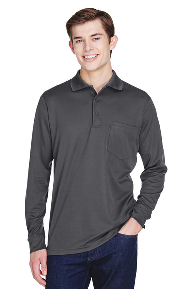 Core 365 88192P Mens Pinnacle Performance Moisture Wicking Long Sleeve Polo Shirt w/ Pocket Carbon Grey Front