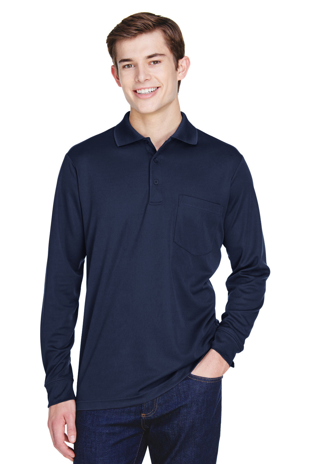 Core 365 88192P Mens Pinnacle Performance Moisture Wicking Long Sleeve Polo Shirt w/ Pocket Navy Blue Front