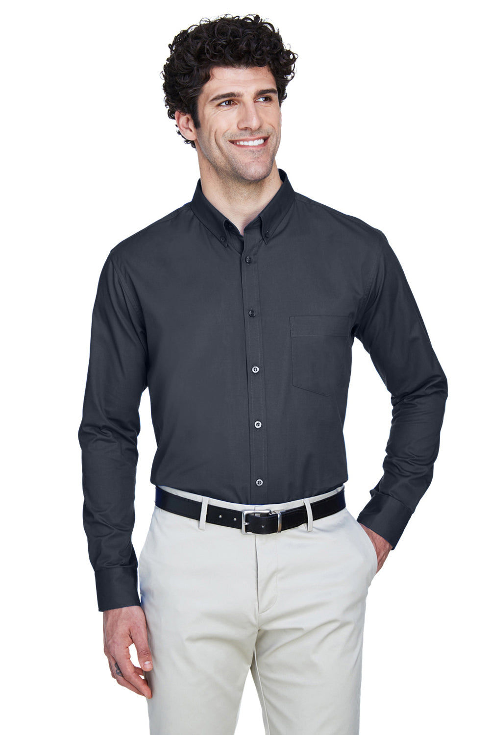 Core 365 88193 Mens Operate Long Sleeve Button Down Shirt w/ Pocket Carbon Grey Front