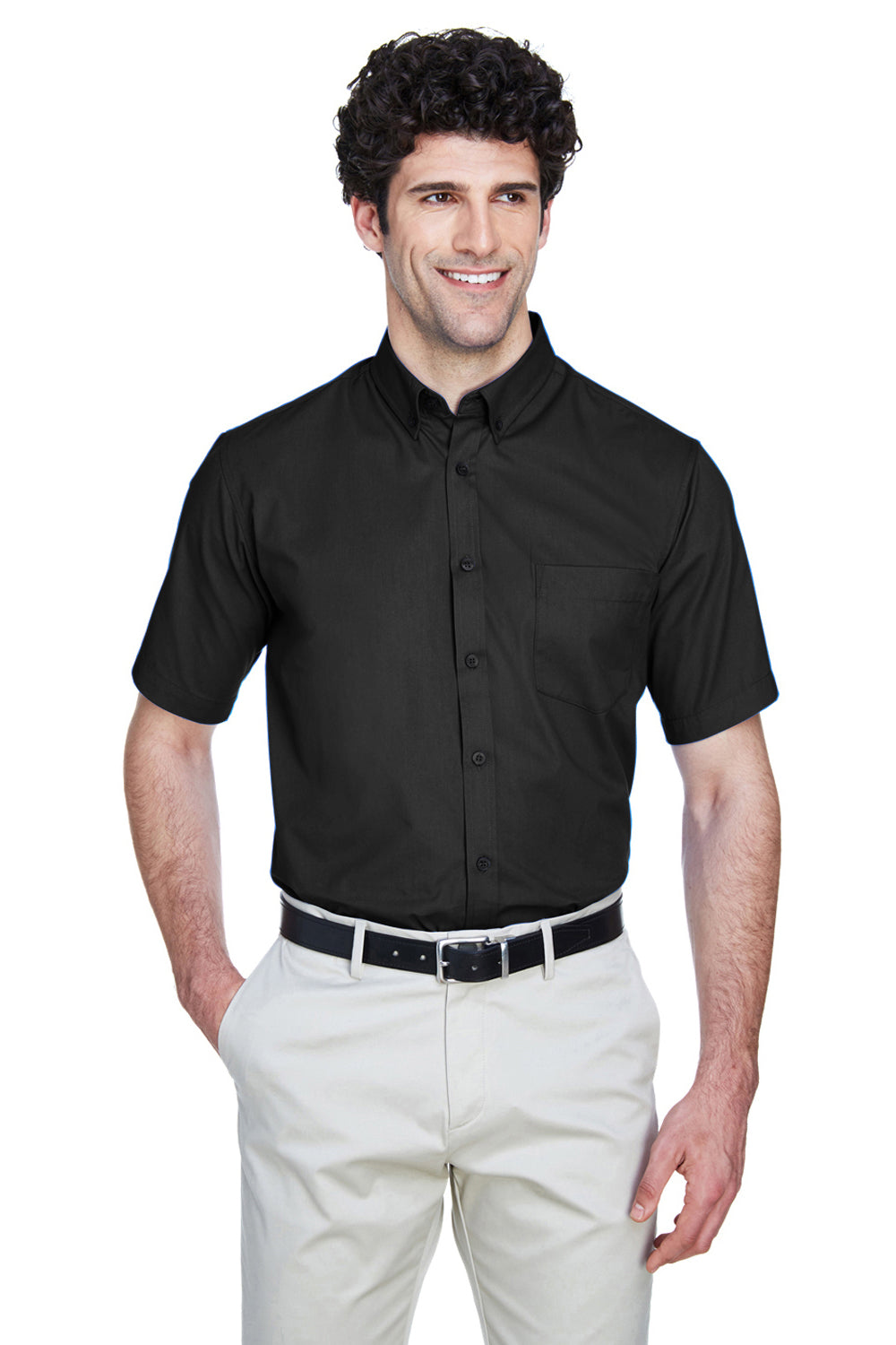 Core 365 88194 Mens Optimum Short Sleeve Button Down Shirt w/ Pocket Black Front