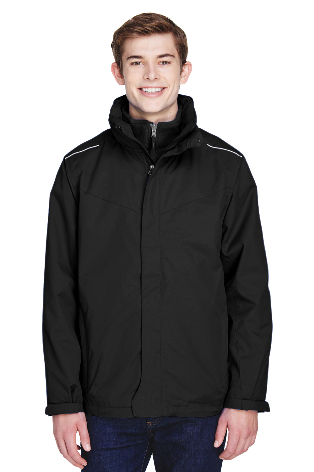 Core 365 88205 Mens Region 3-in-1 Water Resistant Full Zip Hooded Jacket Black Front