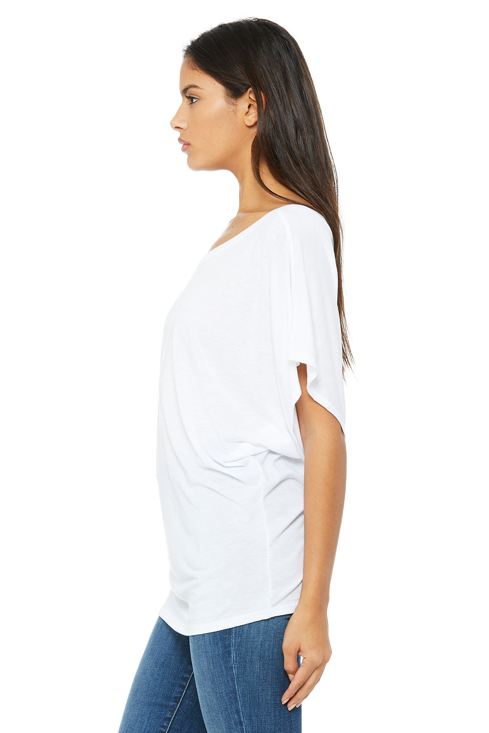 Bella + Canvas 8821 Womens Flowy Draped Dolman Short Sleeve Wide Neck T-Shirt White Side