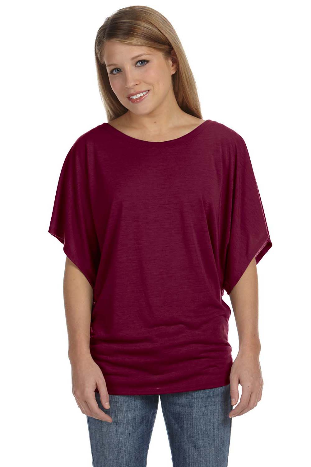Bella + Canvas 8821 Womens Flowy Draped Dolman Short Sleeve Wide Neck T-Shirt Maroon Front