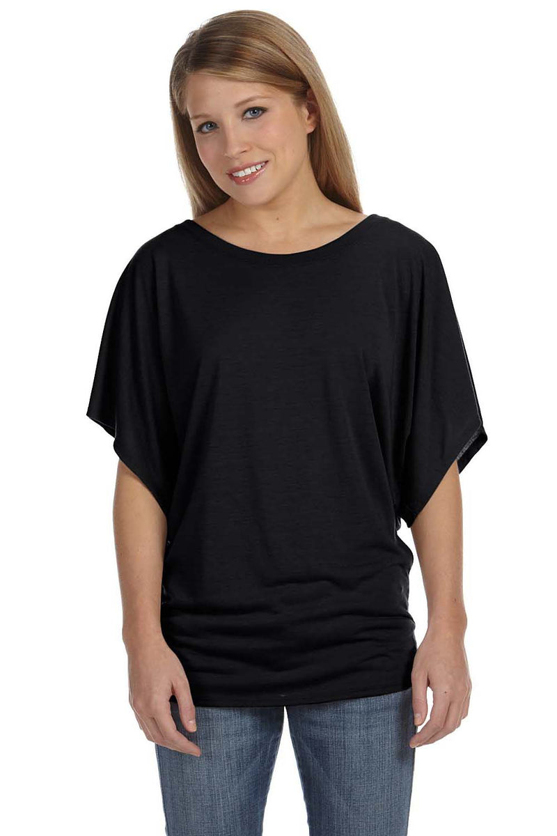 Bella + Canvas 8821 Womens Black Flowy Draped Dolman Short Sleeve Wide Neck  T-Shirt —