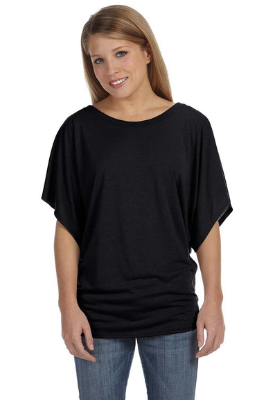 Bella + Canvas 8821 Womens Flowy Draped Dolman Short Sleeve Wide Neck T-Shirt Black Front