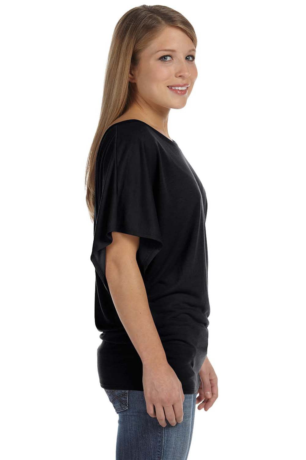 Bella + Canvas 8821 Womens Flowy Draped Dolman Short Sleeve Wide Neck T-Shirt Black Side