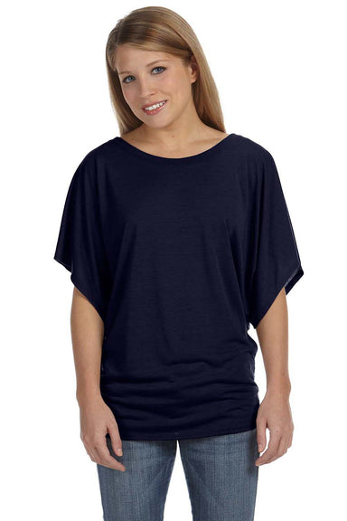 Bella + Canvas 8821 Womens Flowy Draped Dolman Short Sleeve Wide Neck T-Shirt Midnight Blue Front