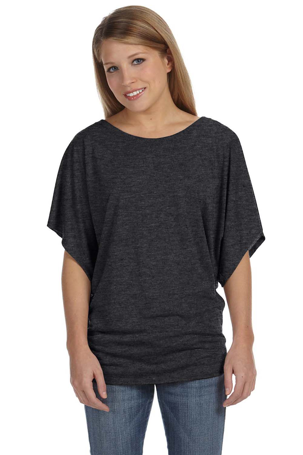 Bella + Canvas 8821 Womens Flowy Draped Dolman Short Sleeve Wide Neck T-Shirt Heather Dark Grey Front