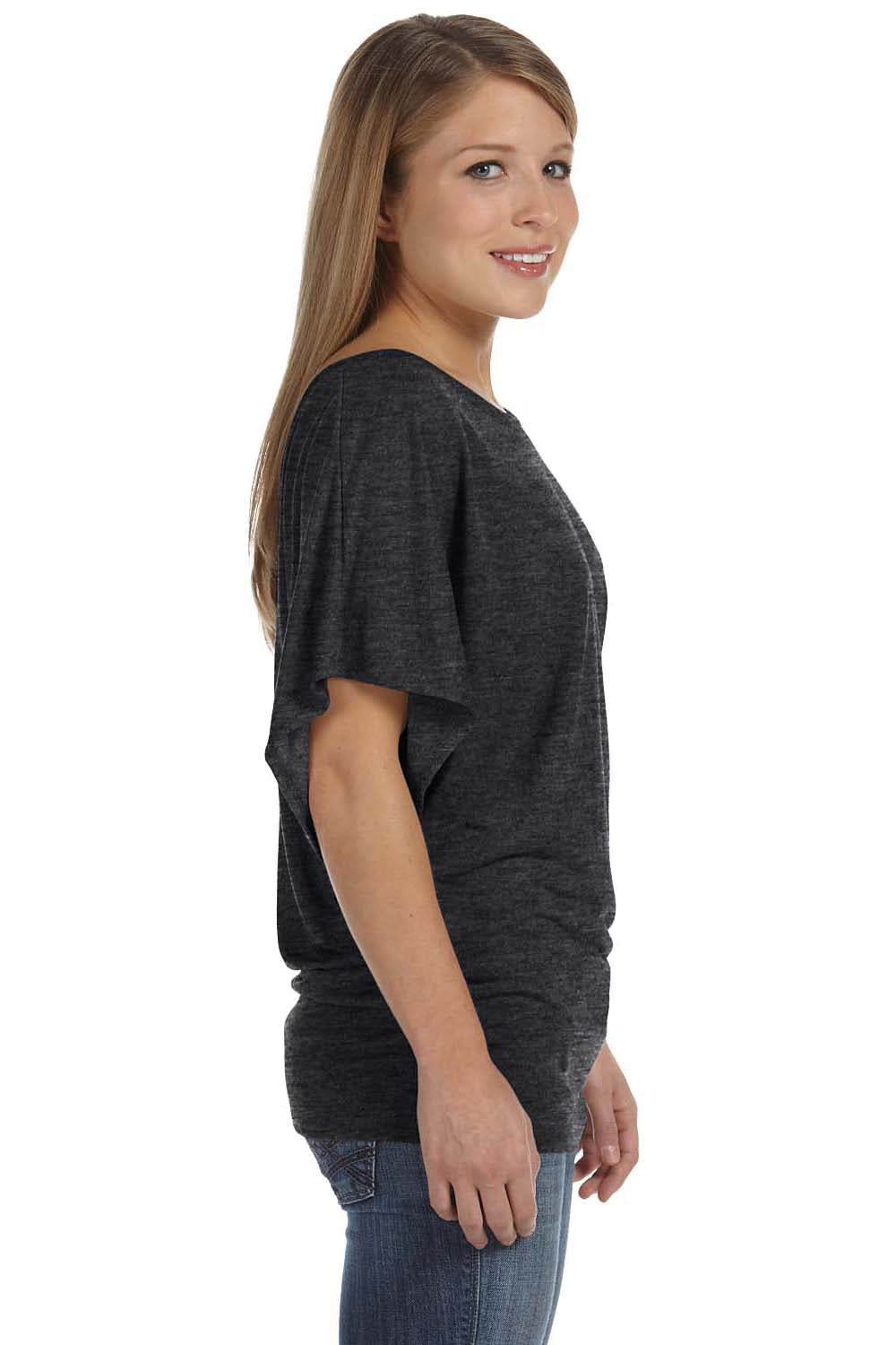 Bella + Canvas 8821 Womens Flowy Draped Dolman Short Sleeve Wide Neck T-Shirt Heather Dark Grey Side