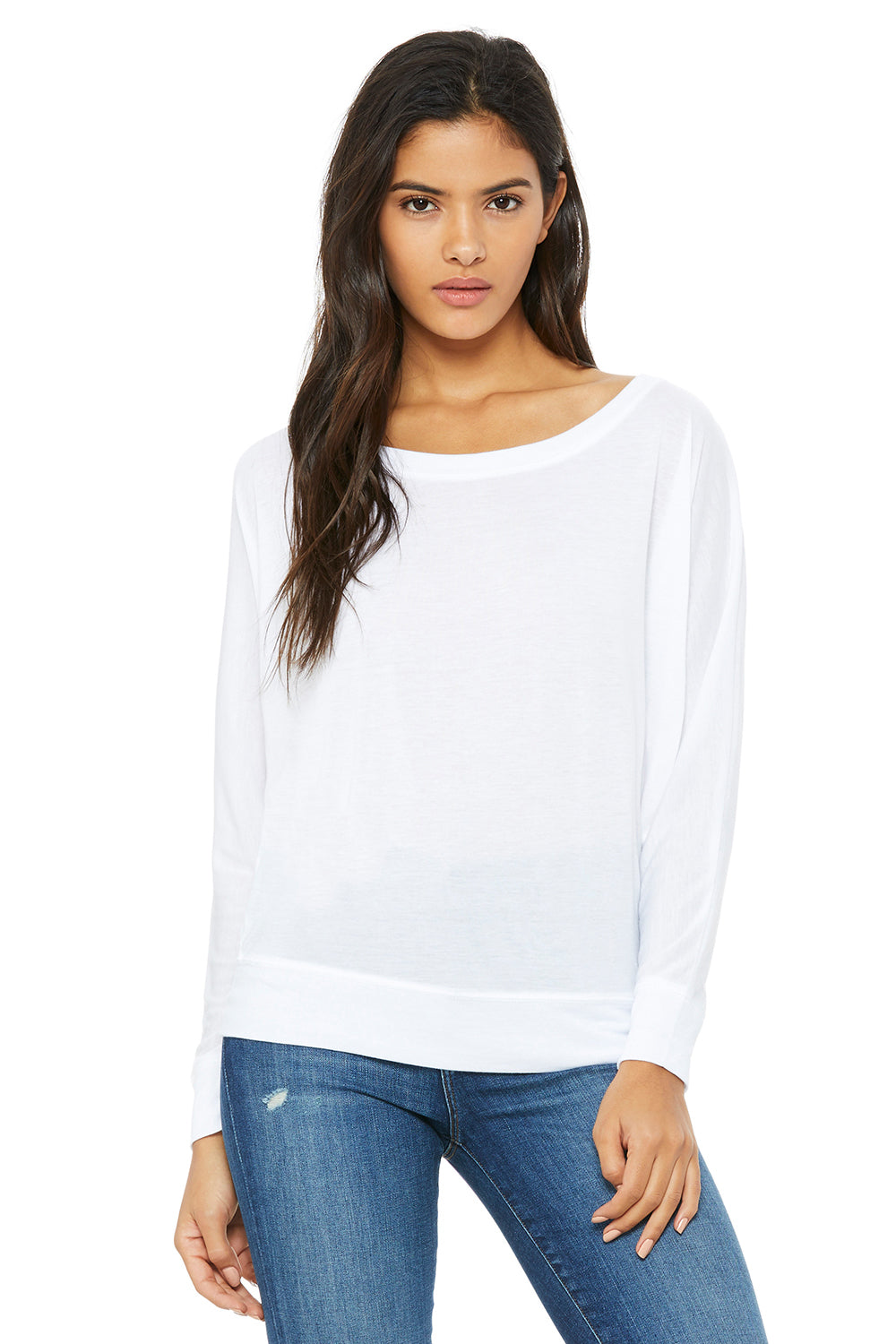 Bella + Canvas 8850 Womens Flowy Off Shoulder Long Sleeve Wide Neck T-Shirt White Front