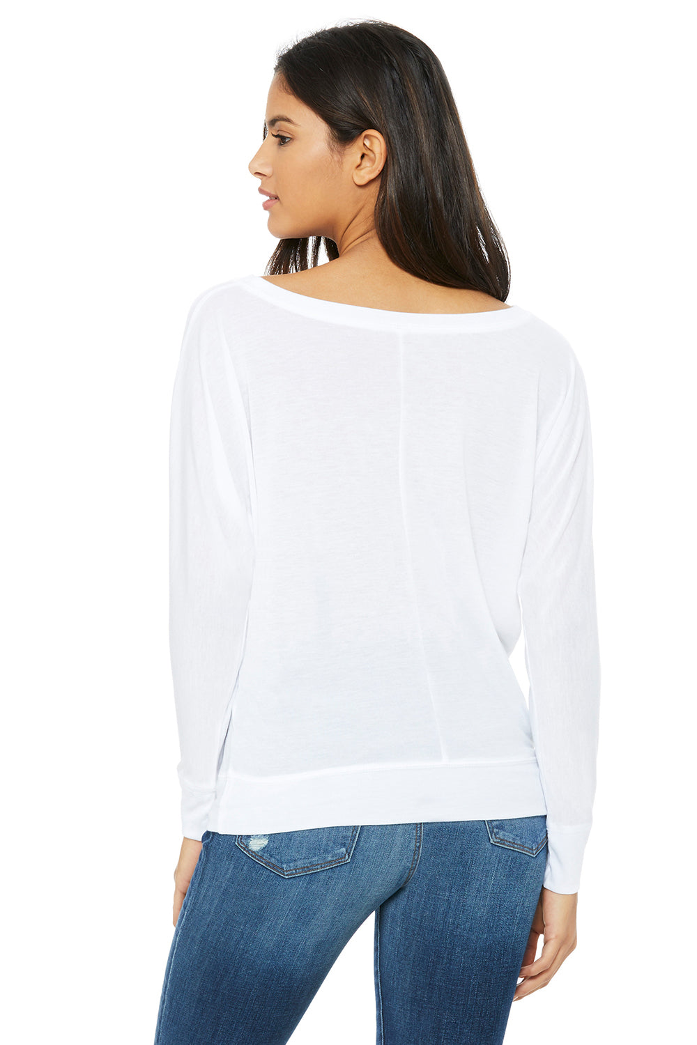 Bella + Canvas 8850 Womens Flowy Off Shoulder Long Sleeve Wide Neck T-Shirt White Back