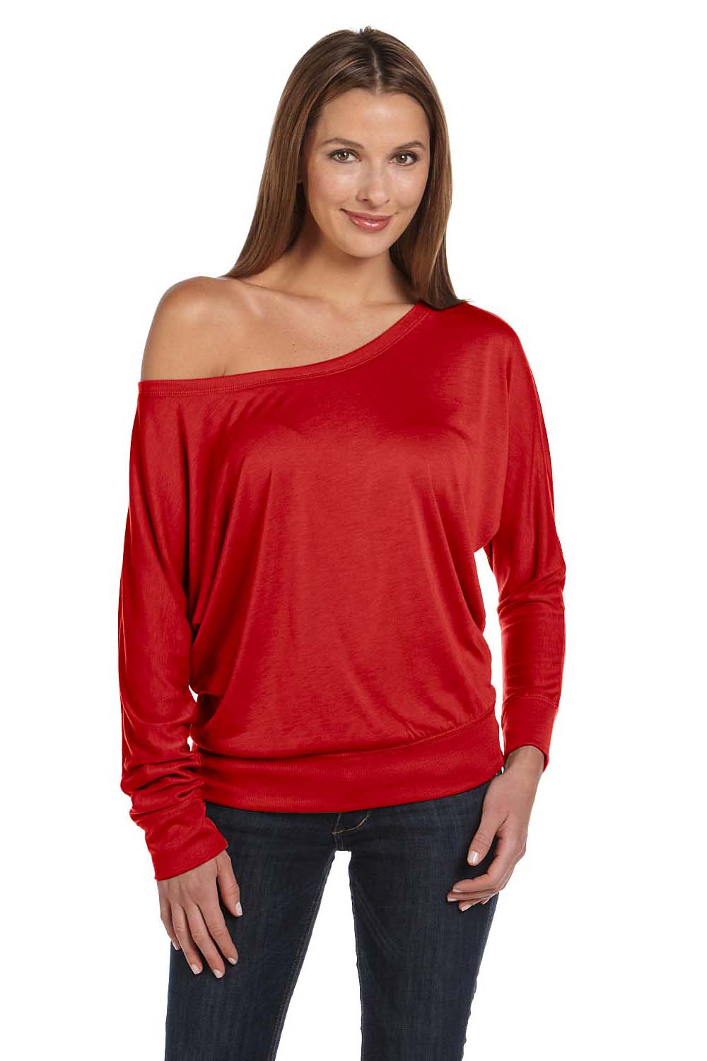 Bella + Canvas 8850 Womens Flowy Off Shoulder Long Sleeve Wide Neck T-Shirt Red Front