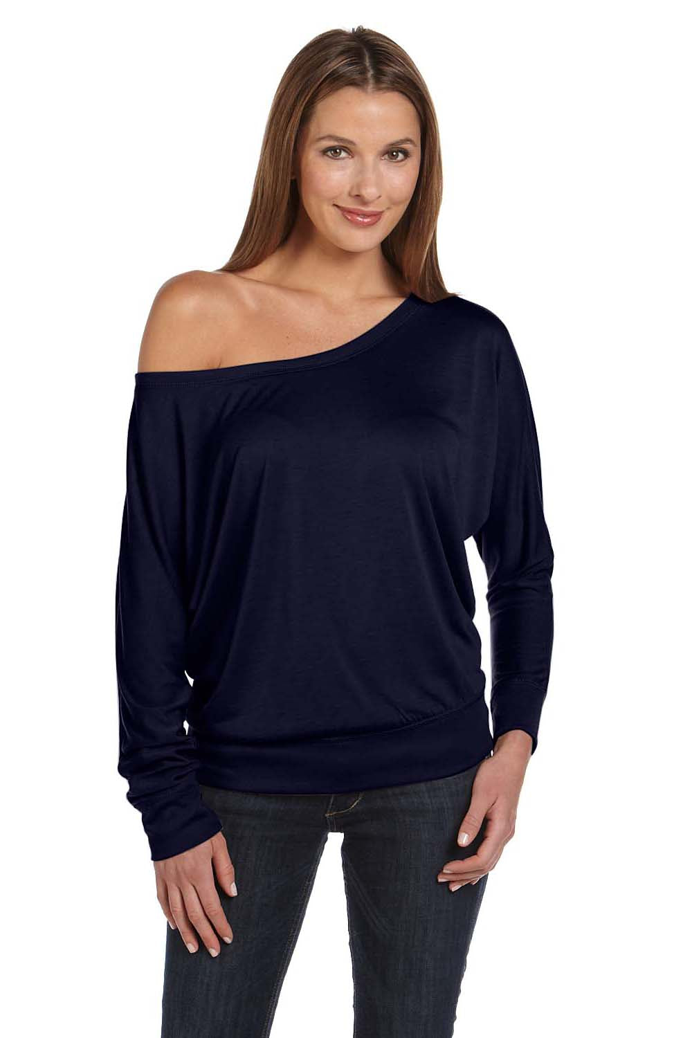 Bella + Canvas 8850 Womens Flowy Off Shoulder Long Sleeve Wide Neck T-Shirt Midnight Blue Front