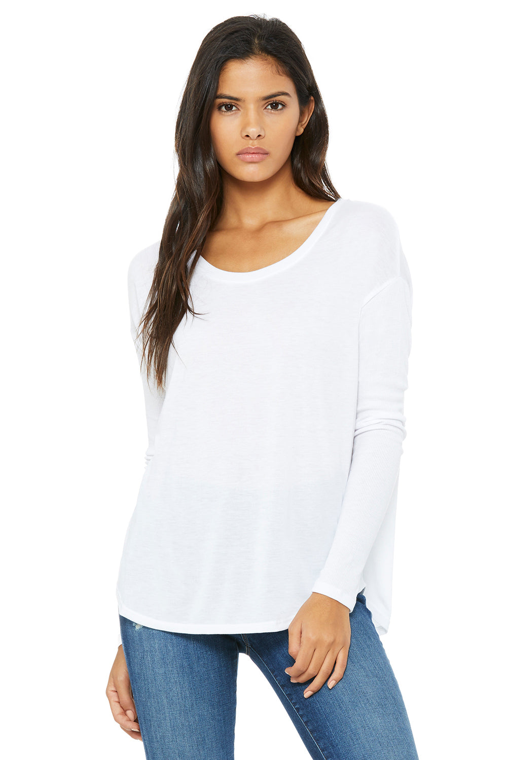 Bella + Canvas 8852 Womens Flowy Long Sleeve Wide Neck T-Shirt White Front