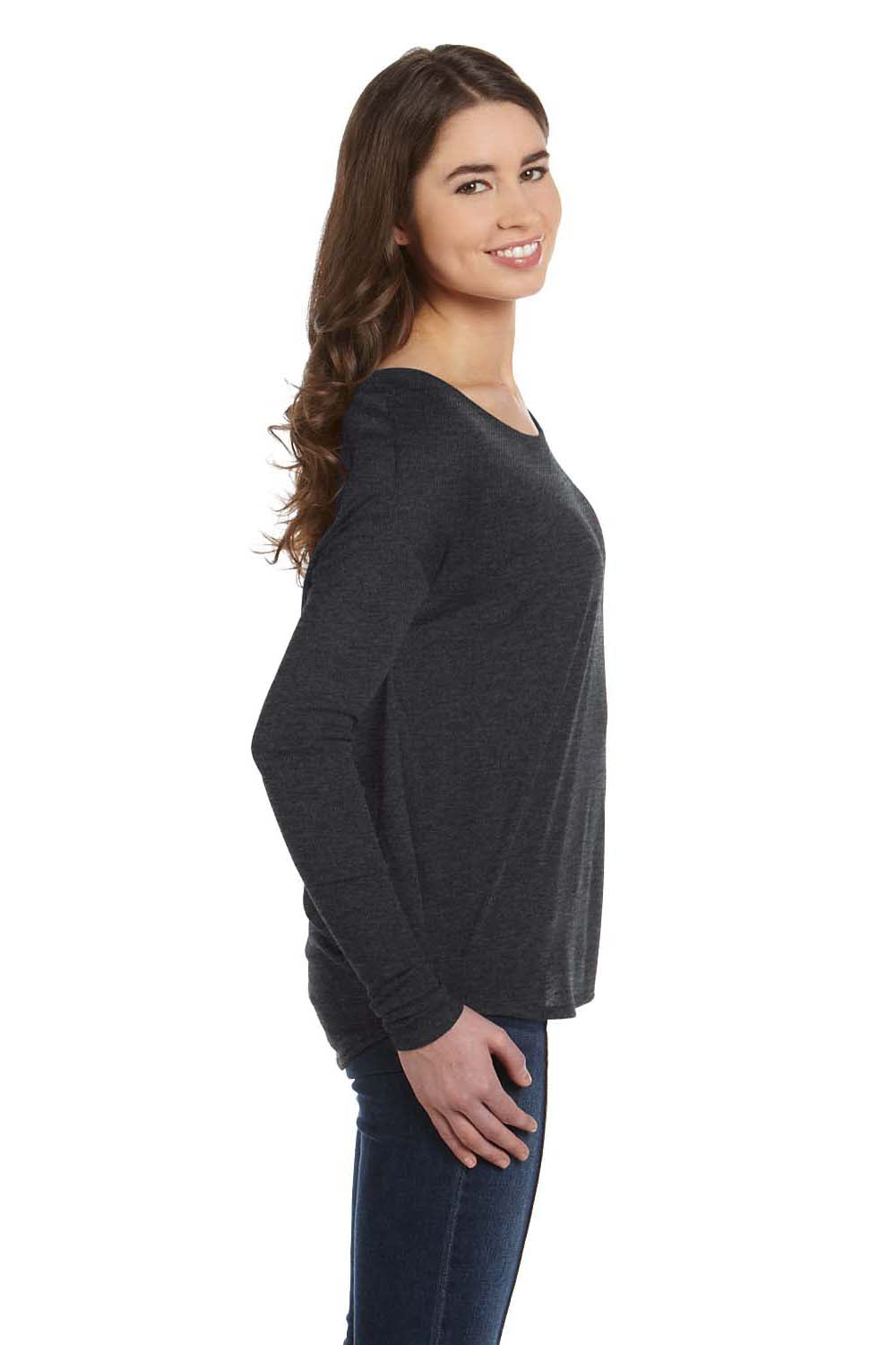 Bella + Canvas 8852 Womens Flowy Long Sleeve Wide Neck T-Shirt Heather Dark Grey Side