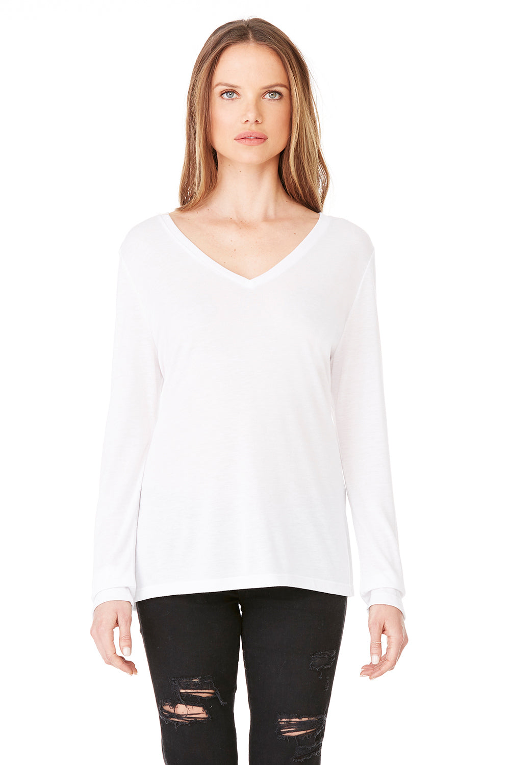 Bella + Canvas 8855 Womens Flowy Long Sleeve V-Neck T-Shirt White Front