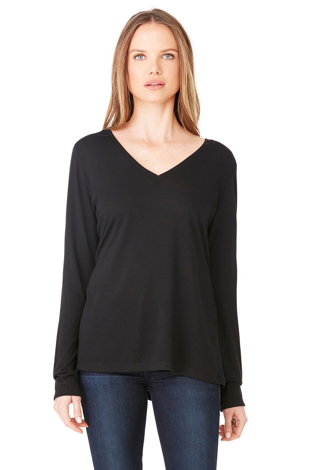 Bella + Canvas 8855 Womens Flowy Long Sleeve V-Neck T-Shirt Black Front