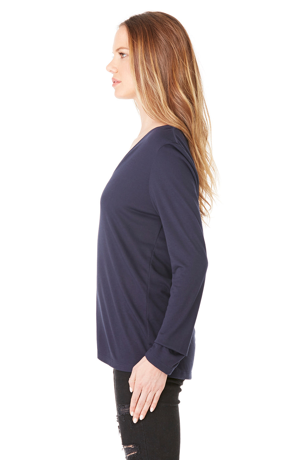 Bella + Canvas 8855 Womens Flowy Long Sleeve V-Neck T-Shirt Midnight Blue Side