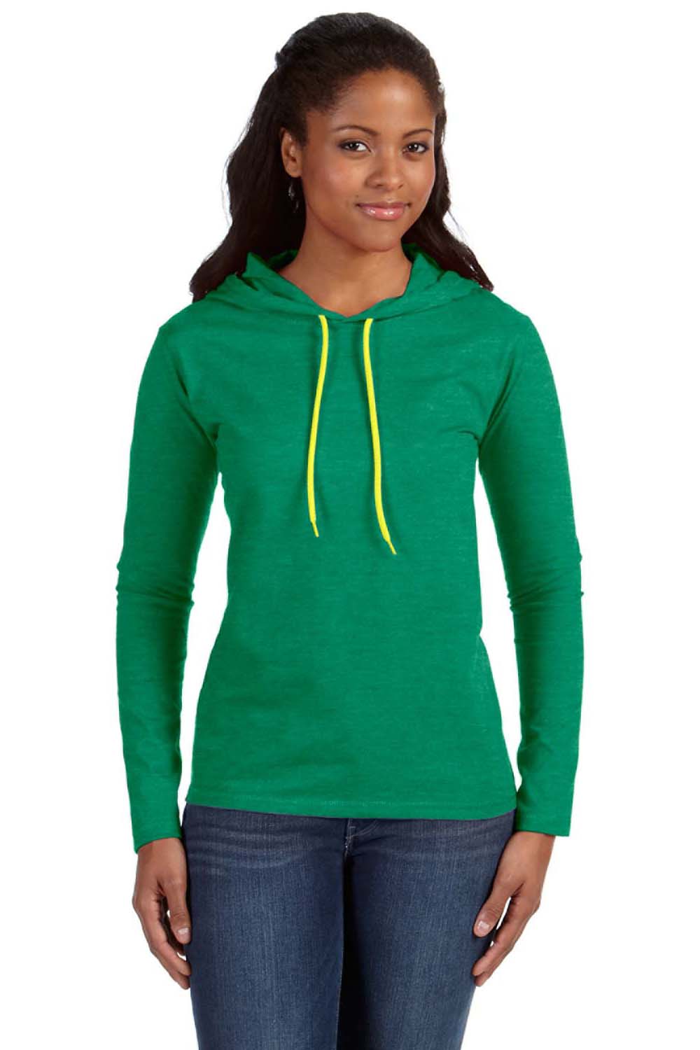 Anvil 887L Womens Long Sleeve Hooded T-Shirt Hoodie Heather Green/Neon Yellow Front