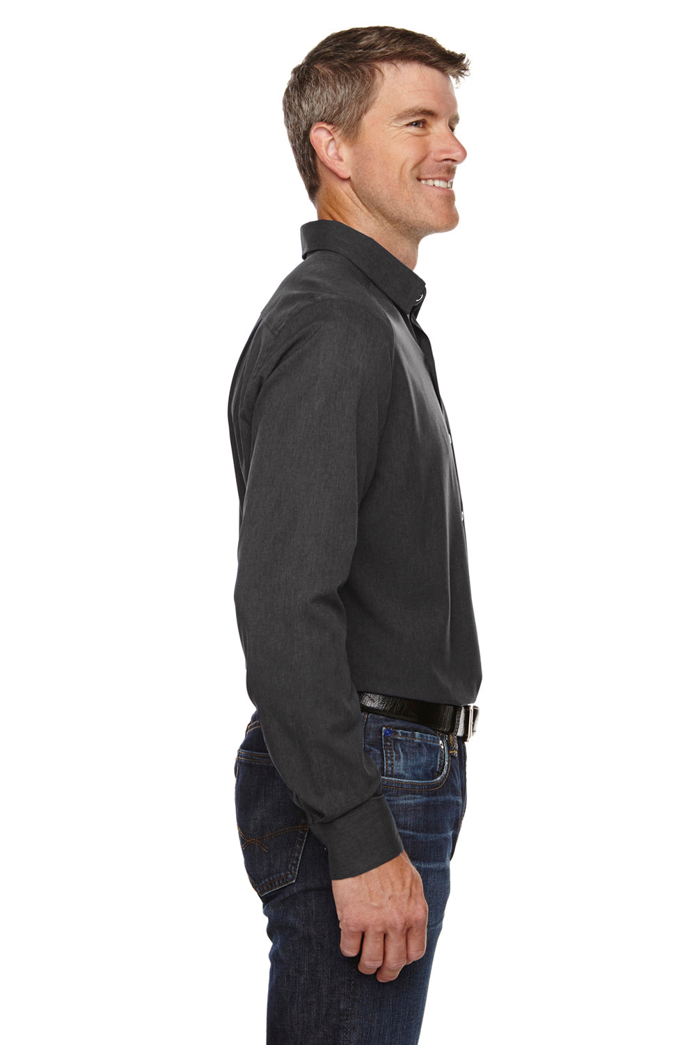 North End 88802 Mens Sport Blue Performance Moisture Wicking Long Sleeve Button Down Shirt Heather Carbon Grey Side