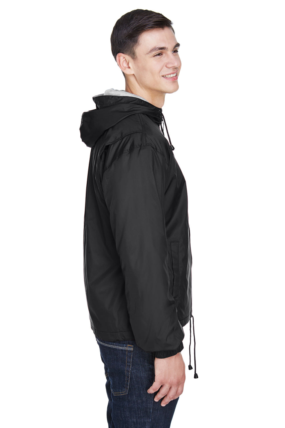 UltraClub 8915 Mens Wind & Water Resistant Full Zip Hooded Jacket Black Side