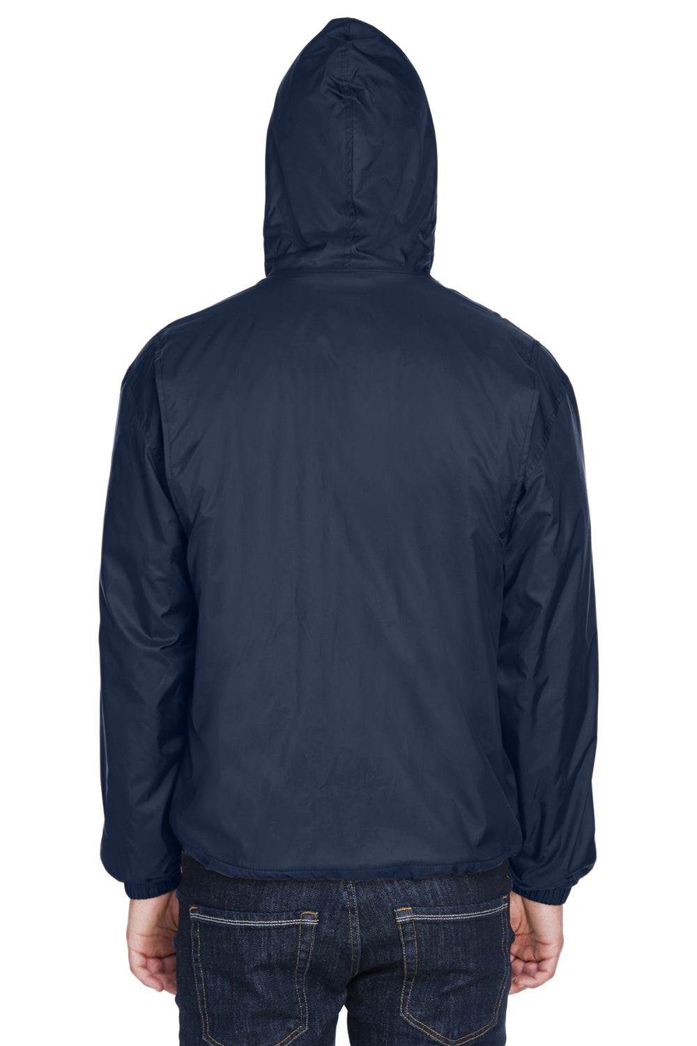 UltraClub 8915 Mens Wind & Water Resistant Full Zip Hooded Jacket Navy Blue Back