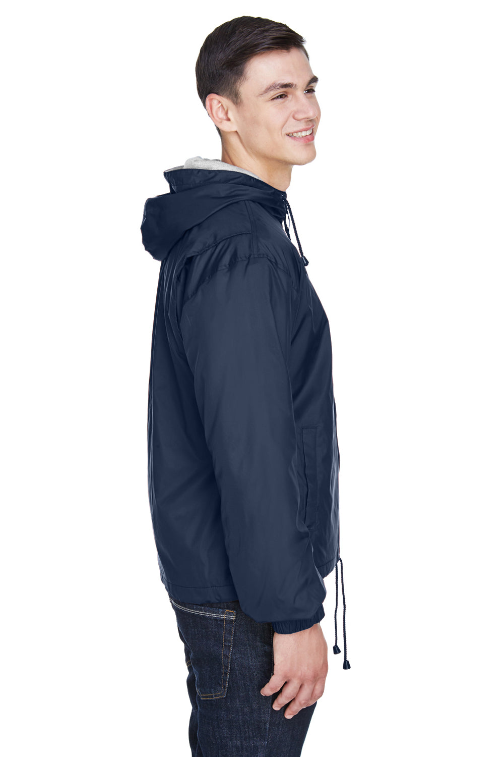 UltraClub 8915 Mens Wind & Water Resistant Full Zip Hooded Jacket Navy Blue Side