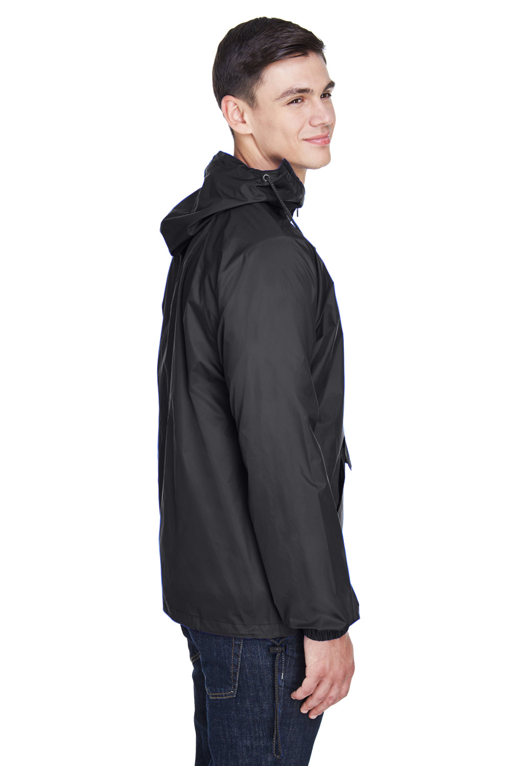 UltraClub 8925 Mens Pack Away Wind & Water Resistant 1/4 Zip Hooded Jacket Black Side